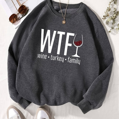 Wine Glass Letter Print Plus Size Casual Sweatshirt: Cozy and Stylish Fall/Winter Essential for Plus Size Women