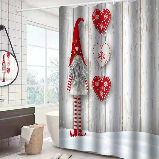 Essential Winter Christmas Decor: 4pcs Heart Printed Shower Curtain Set with Waterproof Curtain, Non-Slip Bathroom Rug, Toilet U-Shape Mat, Toilet Lid Cover Pad, and 12 Hooks