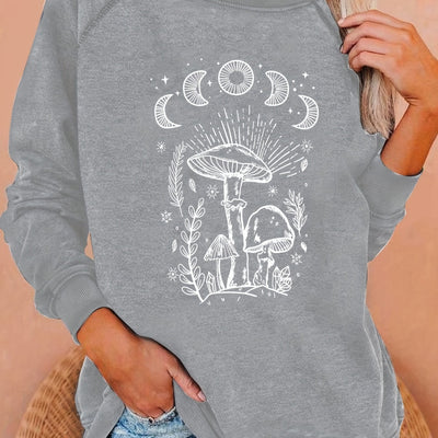 Mushroom adn Moon Print Sweatshirt, Long Sleeve Crew Neck Pullover Sweatshirt, Casual Tops For Fall & Winter, Women's Clothing