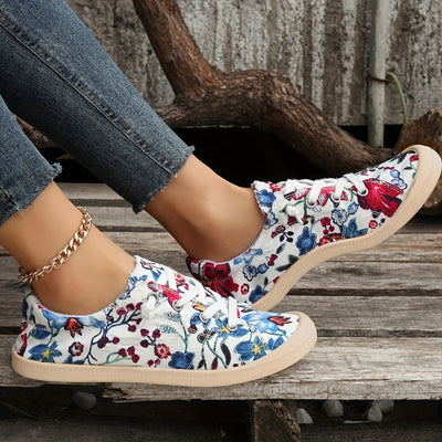 Trendy Flower & Butterfly Pattern Canvas Sneakers - Comfortable Lace Up Flats for Outdoor Activities