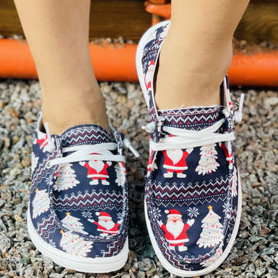 Santa Claus & Geometric Print Canvas Sneakers - Lightweight Christmas Pattern Low Top Walking Shoes for Women