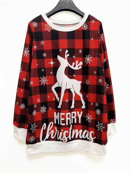 Cozy and Festive: Women's Plus Size Christmas Casual Sweatshirt with Elk Plaid Print