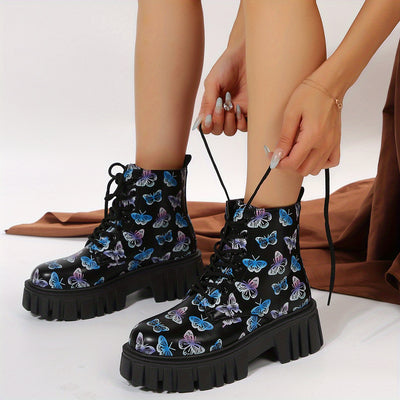 Fluttering Style: Women's Butterfly Printed Ankle Boots with Platform and Lace-Up Design