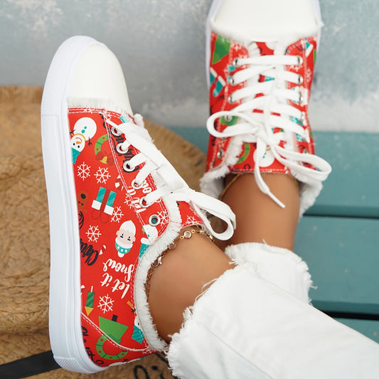 These stylish and lightweight canvas shoes feature a festive Christmas print, perfect for any holiday occasion. The casual lace-up design provides a secure fit and the low-top sneakers make them perfect for outdoor wear. Look fashionable and feel comfortable this season with Festive Footwear.
