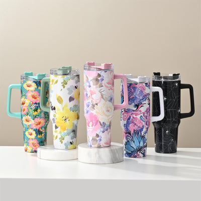 This 40oz stainless steel and floral pattern tumbler is the perfect gift for any occasion. The insulated design helps to keep hot drinks hot and cold drinks cold, and the lid and straw make it easy to sip your beverage while on the move. Its stylish look and comfortable handle make it an ideal choice for any occasion.