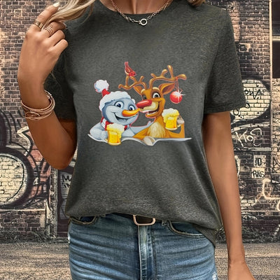 Festive Christmas Graphic Pattern T-Shirt: Effortlessly Stylish Casual Short Sleeve Tee for Women's Spring/Summer Wardrobe