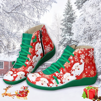 This women's boot is designed to provide warmth and style this holiday season. Features a stylish Santa Claus print, soft synthetic leather construction, low top, side zipper closure, and a rubber sole for comfort and protection. Make this Christmas season truly special with this festive, cozy, and stylish boot.