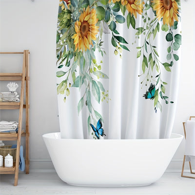 Transform Your Bathroom with our Sunflower Pattern Shower Curtain: Waterproof, Mildew-Proof, and Stylish Polyester Bath Curtain with 12 Hooks