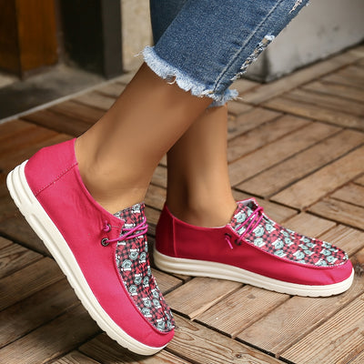 Playful Prints: Women's Cartoon-Printed Flat Loafers - Colorblock Lace-Up Slip-On Shoes for Fashionable Footwear