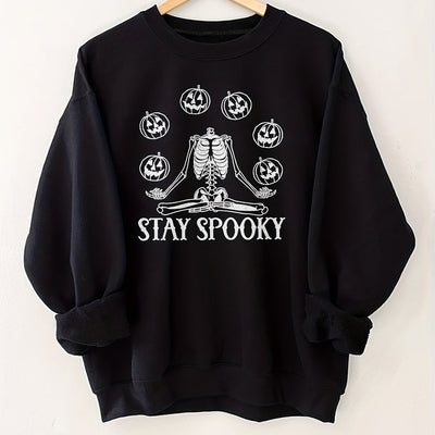 Skull & Pumpkin Print Sweatshirt, Casual Long Sleeve Crew Neck Sweatshirt For Spring & Fall, Halloween Sweatshirt, Women's Clothing