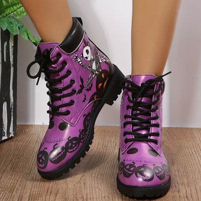 Skeleton Pumpkin Pattern Ankle Boots: Spooktacular Halloween Festival Fashion