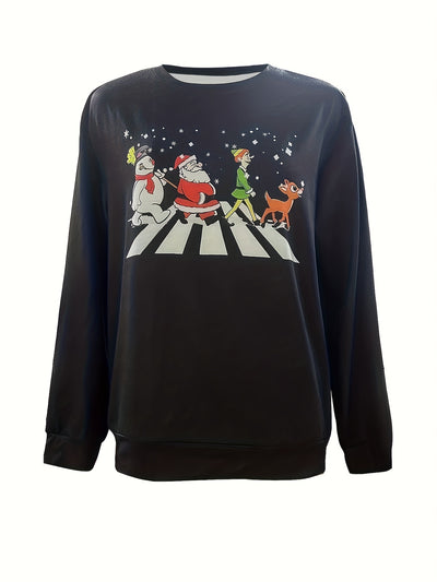 Festive Joy: Christmas Cartoon Print Pullover Sweatshirt for Women - Stay Cozy and Stylish this Fall-Winter Season!