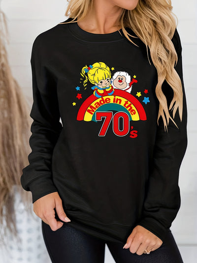 "70's" Letter and Rainbow Cartoon Print Long Sleeve Crew Neck Medium Stretch Pullover Sweatshirt, Casual Tops For Fall & Winter, Women's Clothing