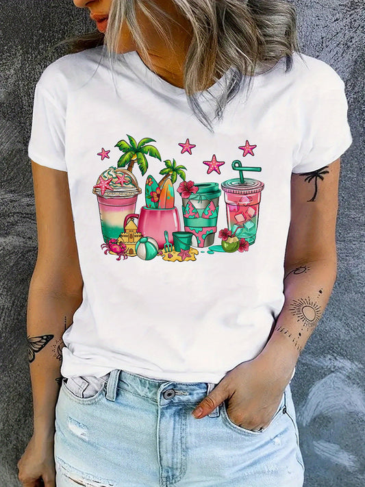 This Cartoon Drink Print T-Shirt is an ideal pick for a fun and refreshing addition to a woman's Spring/Summer wardrobe. Its cartoon drink print design is sure to add a dose of lightheartedness to any ensemble.