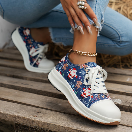 Christmas Style Lace-Up Sneakers: Festive Santa Claus Pattern for Women