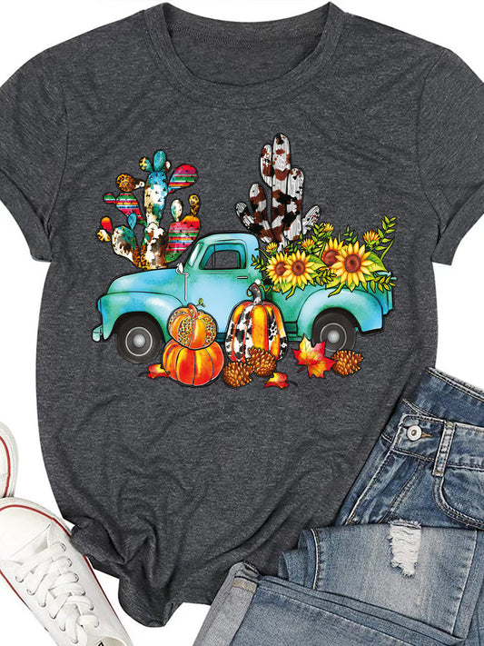 Colorful Plant & Truck Print Crew Neck T-Shirt, Casual Short Sleeve Top For Spring & Summer, Women's Clothing