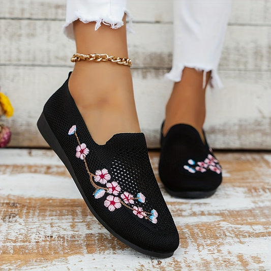 These fashionable women's flats are perfect for everyday use. Featuring a flower embroidered design with a lightweight, soft sole and round knitted toe, these slip-on shoes are comfortable and stylish. Enjoy stylish footwear with all-day comfort.