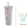 500ml/16.9oz Rhinestone Design Double Stainless Steel Thermal Bottle and Straw - Portable Tumbler Cup for Coffee and Water