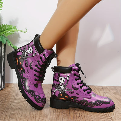 Skeleton Pumpkin Pattern Ankle Boots: Spooktacular Halloween Festival Fashion