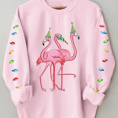 Festive Flamingo: Embrace the Holiday Spirit with our Christmas Flamingo Print Loose Sweatshirt