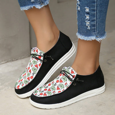 Playful Prints: Women's Cartoon-Printed Flat Loafers - Colorblock Lace-Up Slip-On Shoes for Fashionable Footwear