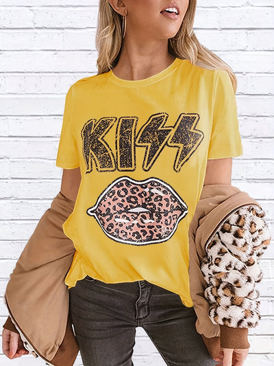 Vintage Leopard Lips Print T-shirt, Retro Short Sleeve Crew Neck T-shirt, Casual Every Day Tops, Women's Clothing