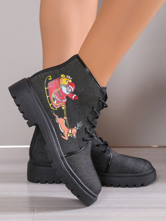 Women's Santa Claus Print Short Boots are stylish and cozy, perfect for the holiday season. Featuring a casual lace-up ankle design and comfortable materials, these boots will keep you warm and stylish all season long.
