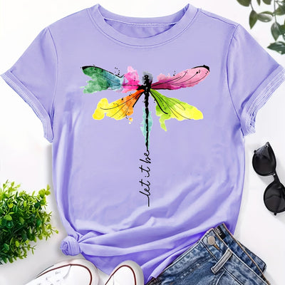 Colorful Dragonfly Print Crew Neck T-Shirt, Casual Short Sleeve T-Shirt For Spring & Summer, Women's Clothing