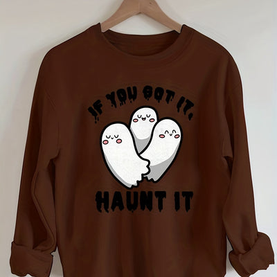 Cute Ghost Print Sweatshirt: Spooktacular Style for Plus-Size Halloween Enthusiasts