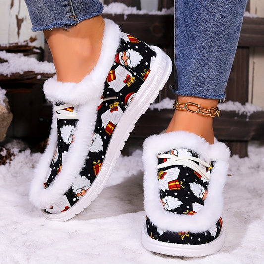Santa's Gifted Chic: Women's Winter Fashion Skate Shoes with Festive Christmas Style in Comfortable Plush & Warm Lace-Up Flats