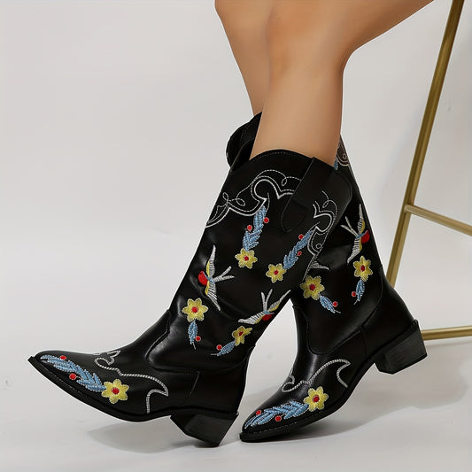 Step out in style with these retro floral embroidered mid-calf boots. Enjoy the chunky-heeled cowgirl boots, featuring a pointed toe and V-cut design for a bold, modern look. Perfect for any occasion or season.
