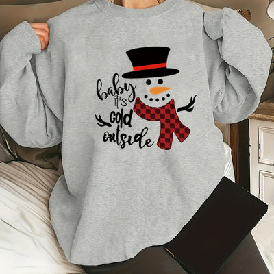 Snowman Delight: Women's Plus Size Christmas Casual Sweatshirt with Black Hat Snowman Print