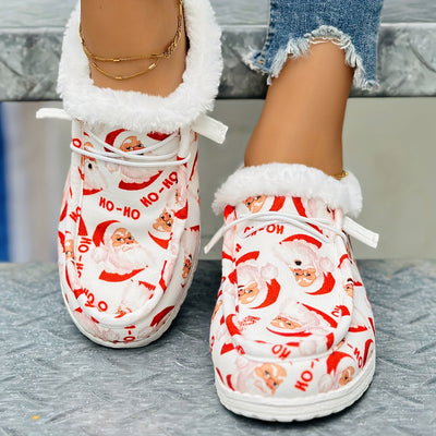 Festive Style and Cozy Comfort: Women's Santa Claus Print Canvas Shoes with Plush Lining for a Merry Christmas!