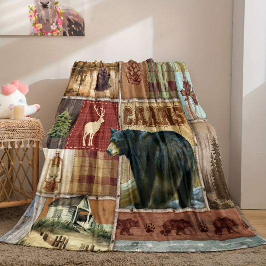 Cozy up with the Vintage Wild Bear Print Flannel Blanket: The Ultimate Soft Throw for Home, Office, and Travel