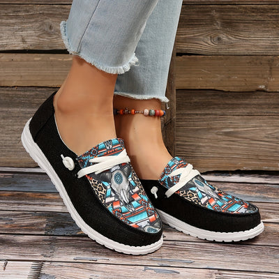 Stylish Cow Head and Leopard Pattern Women's Canvas Shoes - Comfortable Low Top Loafers for Casual Wear