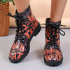 Stylish and Spooky: Women's Halloween Print Combat Boots - Lace-Up, Lug Sole Ankle Boots for Casual All-Match Appeal