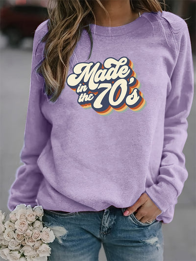 Stay comfy and stylish with this Made in the 70's Print Graphic Pullover Women's Sweatshirt. Crafted from lightweight fabric, the long sleeve crew neck sweater is perfect for both Spring and Fall. With its classic fit and cute retro graphic, this casual pulled-over will be sure to make a statement.