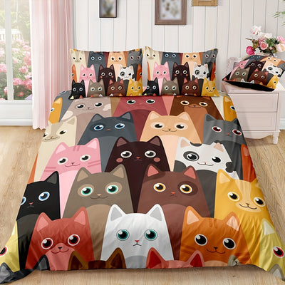 Cat Print Duvet Cover Set: Soft and Comfortable Bedding for Bedroom and Guest Room(1*Duvet Cover + 2*Pillowcases, Without Core)