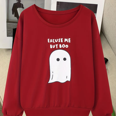 Cute Ghost Letter Print Plus Size Casual Sweatshirt: Stylish Comfort for Women's Plus Size