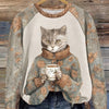 Casual and Cozy: Cartoon Cat Print Pullover Sweatshirt for Fall/Winter Wardrobe