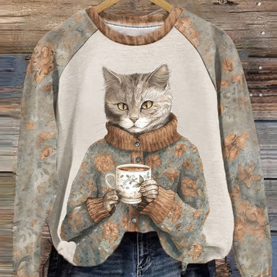 Casual and Cozy: Cartoon Cat Print Pullover Sweatshirt for Fall/Winter Wardrobe