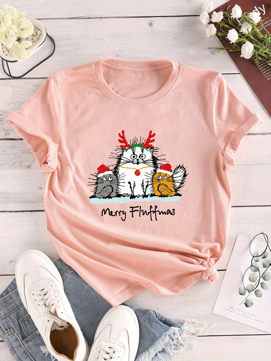 This casual and chic women's t-shirt features a trendy cartoon cat print and a comfortable crew neck design. It's perfect for the spring and summer seasons, providing both style and comfort in one.