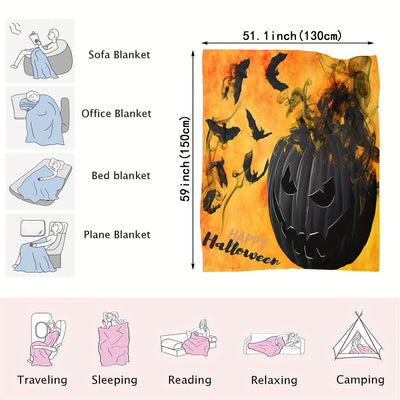 Spooky Halloween Theme Flannel Blanket: Cozy, Soft, and Versatile for Sofa, Nap, and Lunch Breaks - Featuring Horror Pumpkin and Bat Prints
