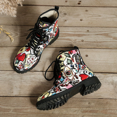 Graffiti-Print Platform Boots: Bold and Versatile Women's Lace-up Ankle Boots