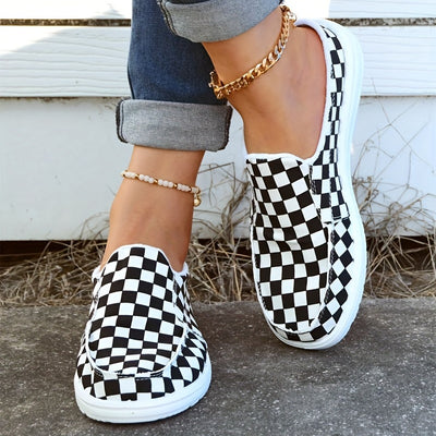 Fashionable Checkerboard Women's Canvas Slip-On Loafers - Lightweight, Comfortable, and Stylish