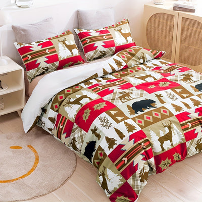 This stylish polyester Charming Deer and Bear Prints Duvet Cover Set is perfect for kids' bedrooms or guest rooms. It includes 1 duvet cover and 2 pillowcases. The fabric is ultra-soft and highly comfortable, providing a cozy night's sleep. The no-core design adds convenience and ease.