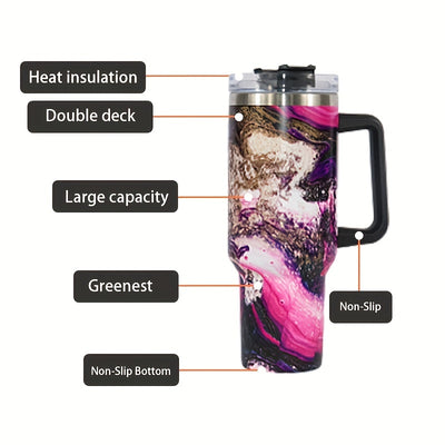 40oz Marble Pattern Tumbler with Straw Lid - Large Capacity Water Bottle for Outdoor Sports, Travel, and Camping - Stainless Steel Car Cup - Perfect Birthday and Father's Day Gift for Men and Women