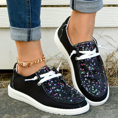 Women's Canvas Shoes with Glitter Star - Comfortable Lace-Up Casual Walking Shoes