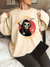 Darkly Stylish: Women's Plus Size Halloween Grim Reaper Sweatshirt with Slogan Print