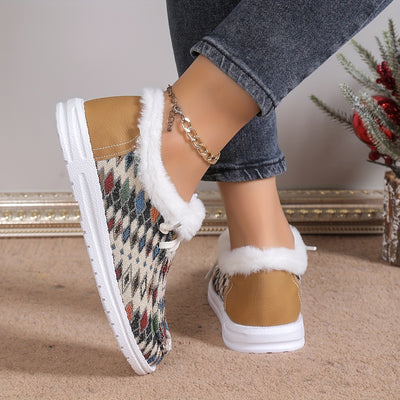 Stylish Women's Geometric Pattern Flat Shoes: Lace-up, Plush-lined, Lightweight Outdoor Shoes